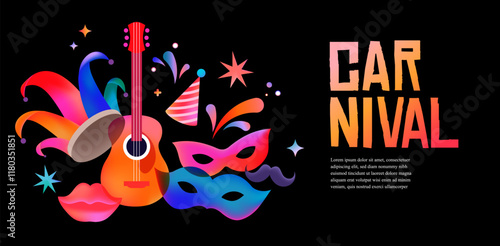 Carnival banner with guitar, masks and jester hat. Colorful vector background