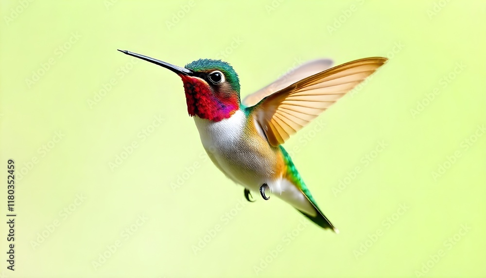 Fototapeta premium A tiny, vibrant hummingbird in mid-flight, displaying vivid and shimmering colors with its long, slender beak and wings above its body, set against a light green background with negative space