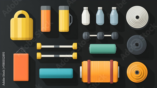 Flat lay illustration of outdoor fitness and camping equipment. photo