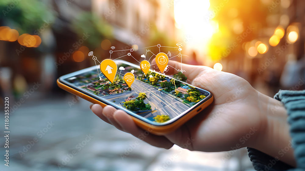 person holds smartphone displaying digital map with navigation icons, showcasing urban exploration and technology person holds smartphone displaying digital map with navigation icons, showcasing urban exploration and technology