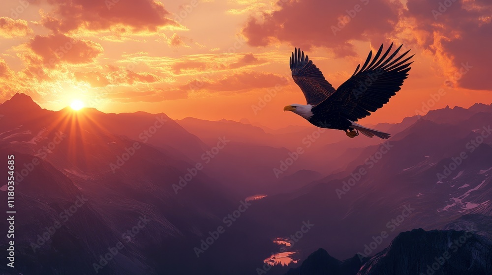Obraz premium majestic bald eagle flying over a mountain range, with the sky painted in sunset tones generative ai