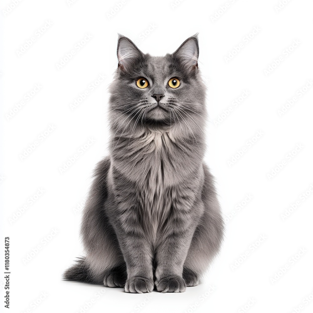 Obraz premium A beautiful gray Nebelung cat with striking yellow eyes sitting elegantly against a clean white background.