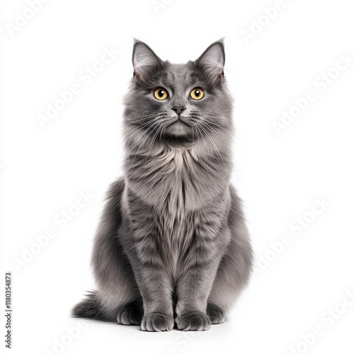 A beautiful gray Nebelung cat with striking yellow eyes sitting elegantly against a clean white background.