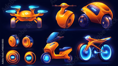 Futuristic orange vehicles set, drone, hover-bike, scooter, and car on dark background. photo