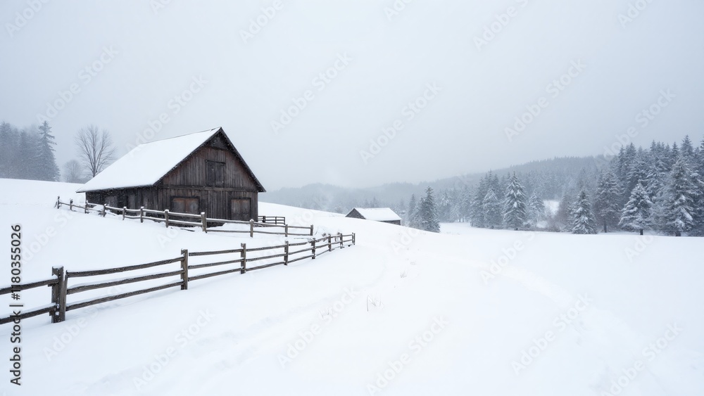 Snow-blanketed rural scene with wooden barn, rolling fields, and rustic fence. Snow-draped evergreens and soft light create serene winter beauty, with chimney smoke adding warmth. Snow-blanketed rural scene with wooden barn, rolling fields, and rustic fence. Snow-draped evergreens and soft light create serene winter beauty, with chimney smoke adding warmth.