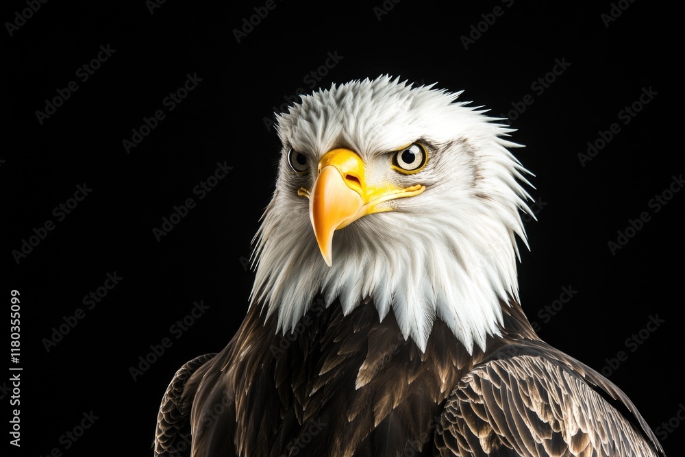 Close-up shot of a bald eagle perched on a black surface Close-up shot of a bald eagle perched on a black surface