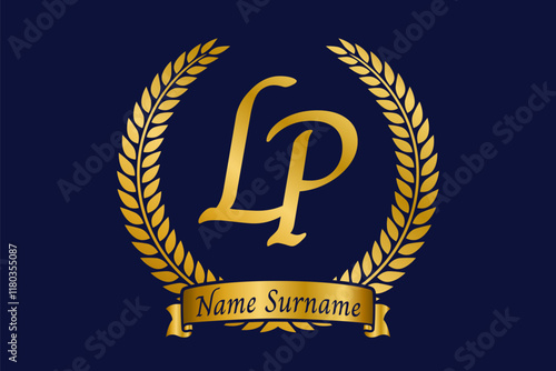 Initial letter L and P, LP monogram logo design with laurel wreath. Luxury golden calligraphy font.