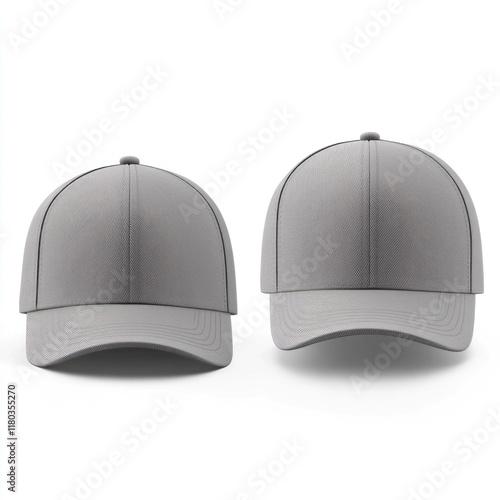 A pair of gray baseball caps sitting on a clean white surface photo