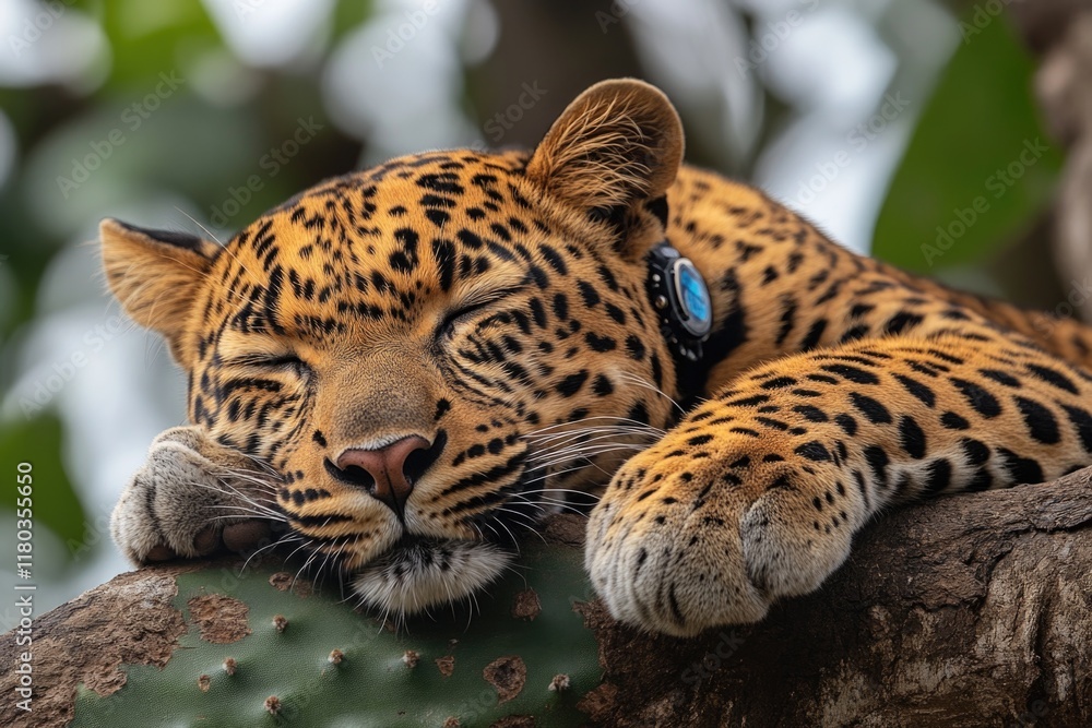Obraz premium A close-up shot of a leopard relaxing on a tree branch