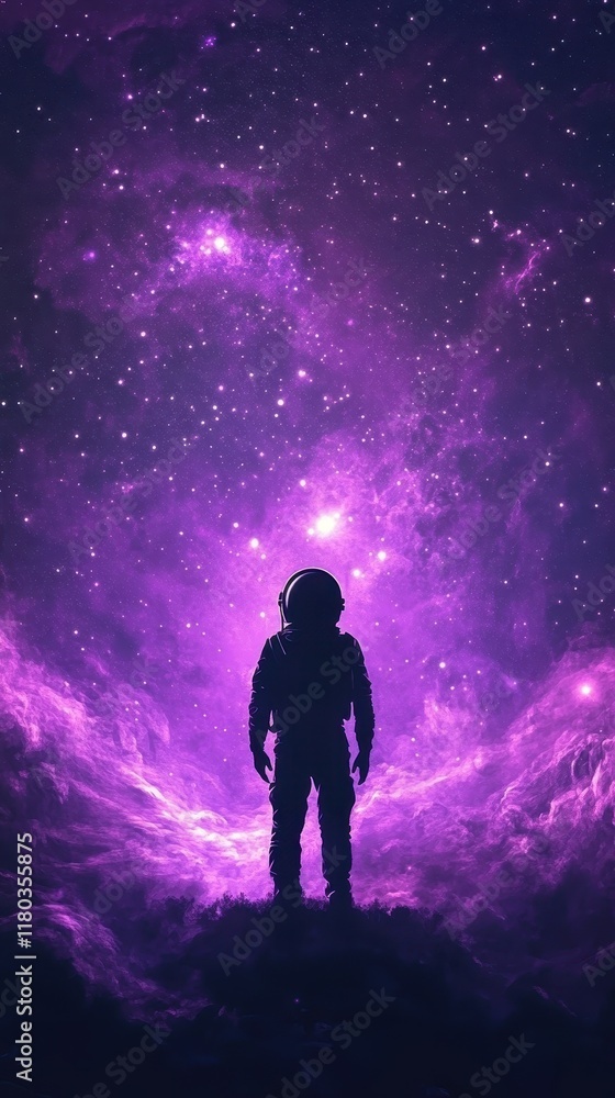 Fototapeta premium Astronaut Silhouette Against Purple Nebula Background