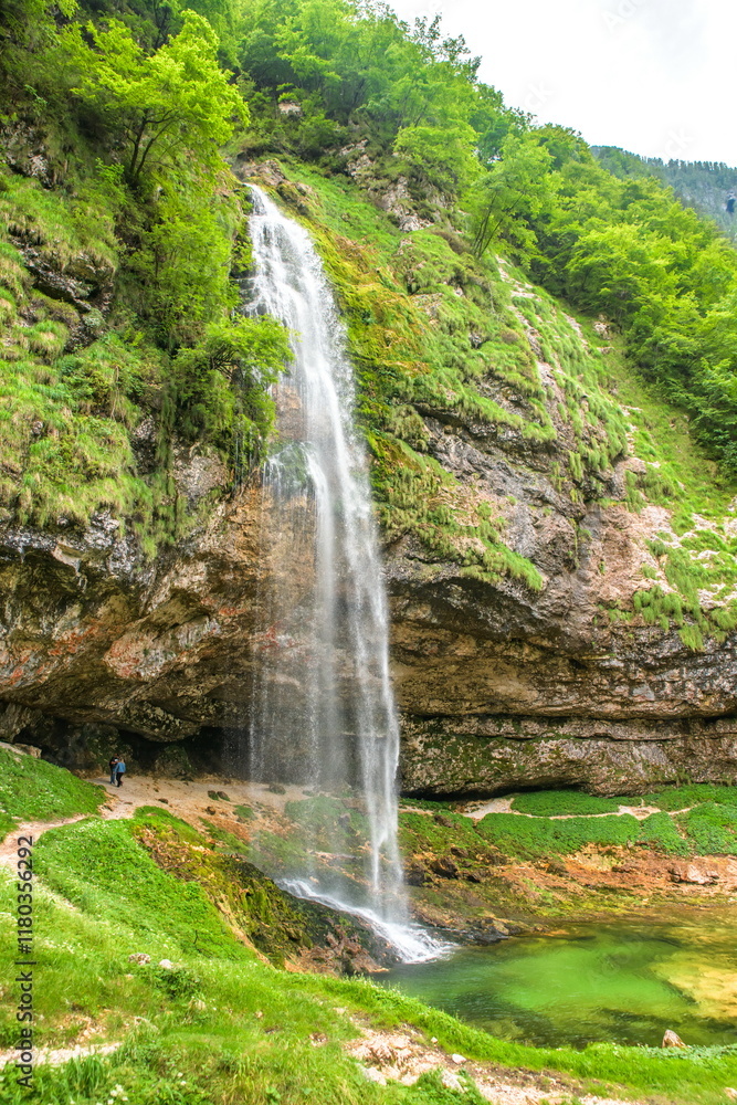 Goriuda Cave and Wtarefall, a spectacular landmark in Dolomites Alps Mountains Italy