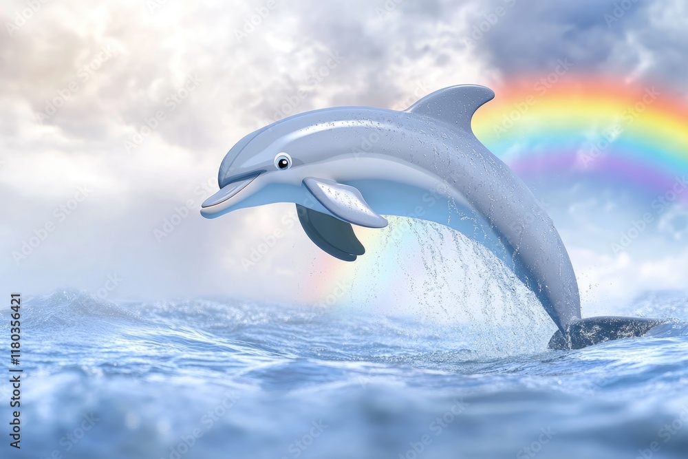 Obraz premium A dolphin jumps out of the ocean, surrounded by a vibrant rainbow