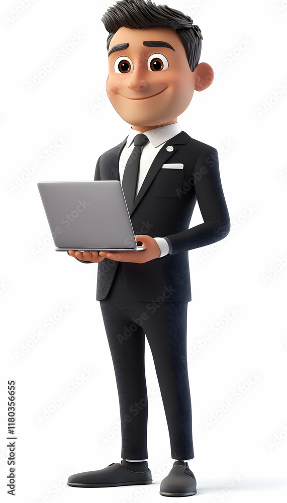 Charming 3D cartoon businessman holding a laptop, smiling with confidence AI Generated Charming 3D cartoon businessman holding a laptop, smiling with confidence AI Generated