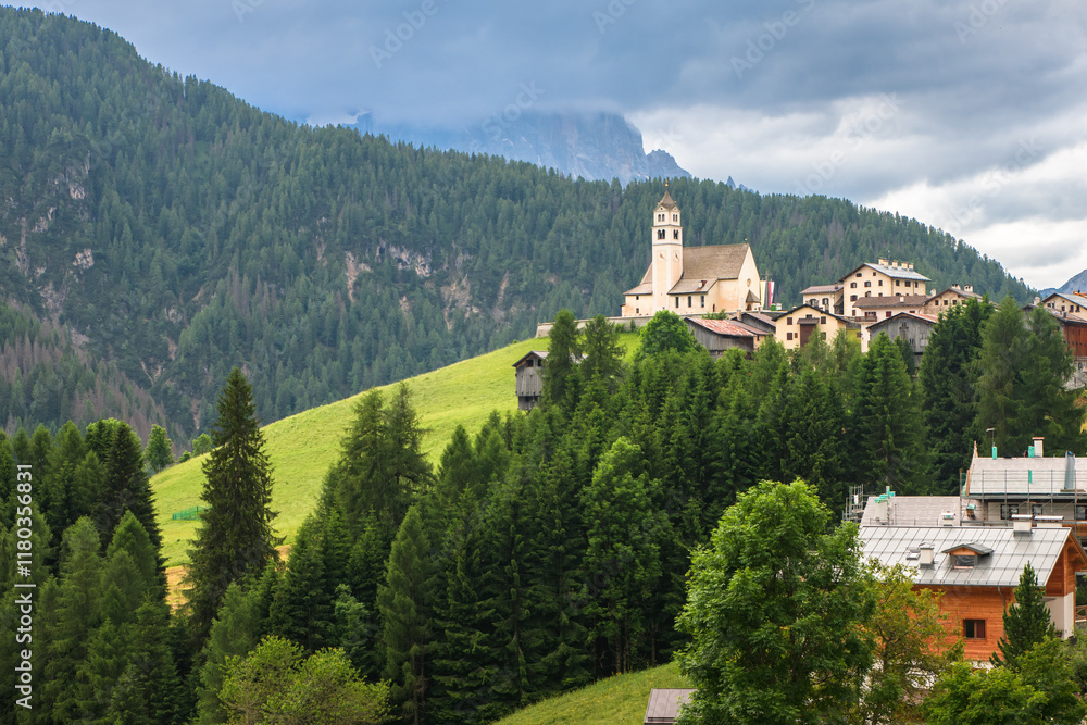 Spectacular landscape on Italian Alps Mountain Dolomite at Chiesa di Santa Lucia