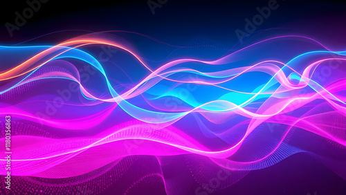 Glowing neon waves forming dynamic abstract designs against a dark backdrop. photo