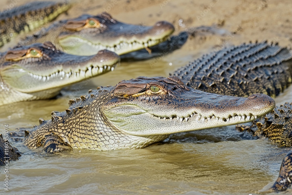 Fototapeta premium A group of alligators swimming together in a body of water, with sun reflecting off the surface