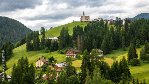 Spectacular landscape on Italian Alps Mountain Dolomite at Chiesa di Santa Lucia