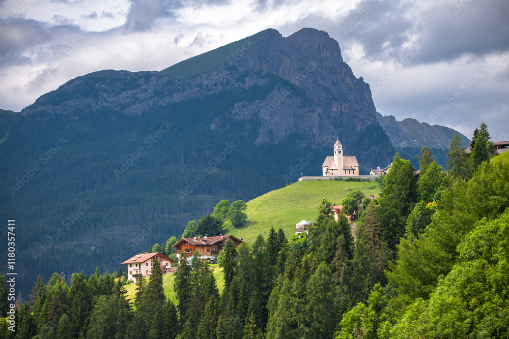 Spectacular landscape on Italian Alps Mountain Dolomite at Chiesa di Santa Lucia