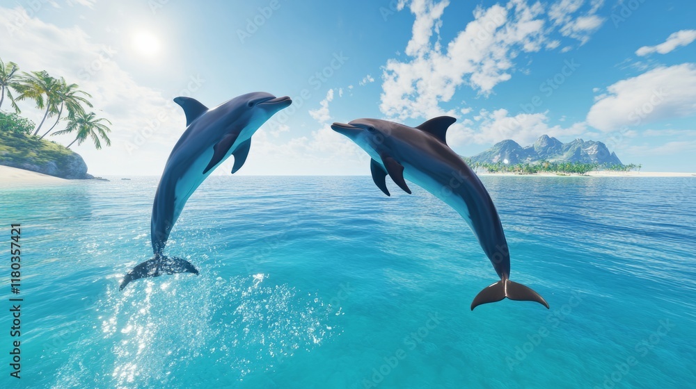 Obraz premium playful dolphins jumping out of the crystal clear ocean water under a bright blue sky, with a tropical island in the distance generative ai