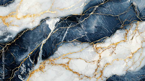 Navy blue and white marble texture with gold accents, intricate stone patterns, flowing layers, glowing highlights, ultra-detailed finish