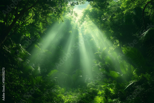 Photo réaliste d’une forêt tropicale dense avec brouillard et lumière du matin