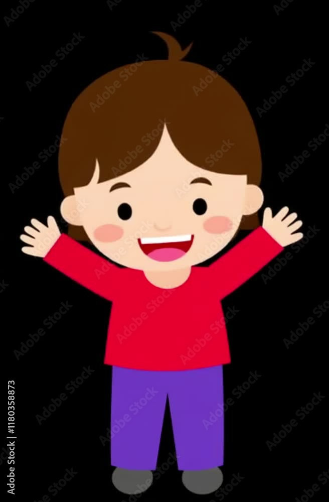A cheerful animated child with brown hair, red shirt, and purple pants raises arms in joy against a plain black background. A cheerful animated child with brown hair, red shirt, and purple pants raises arms in joy against a plain black background.