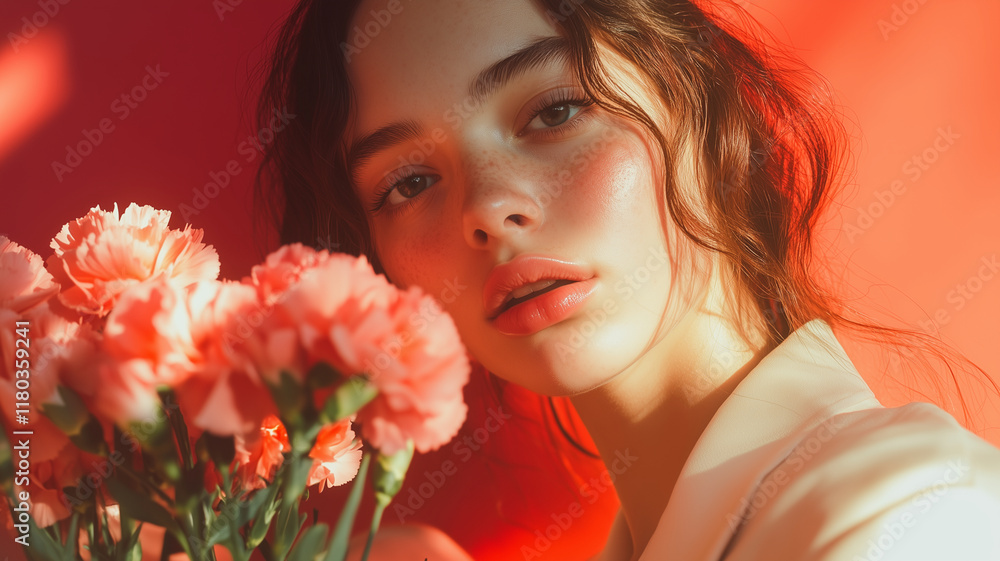 Fototapeta premium A woman is posing with a bouquet of pink flowers