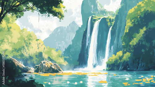 Bangioc waterfall in caobang, vietnam - located in an area of mature karst formations, the waterfalls are found where the original limestone bedrock is being worn away. Flamestone. Illustration photo