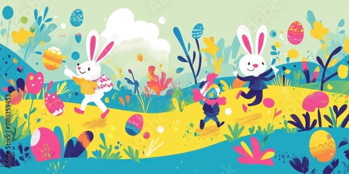 Happy Easter Bunnies Hopping Through Colorful Fields