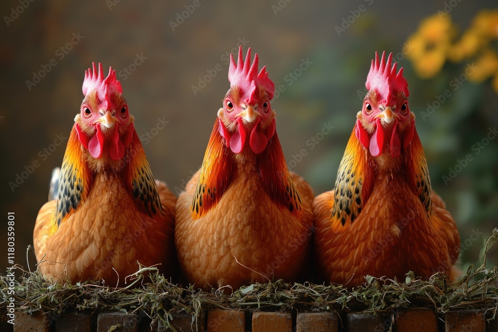 Fototapeta premium Farm animals sitting on a stack of hay, close up
