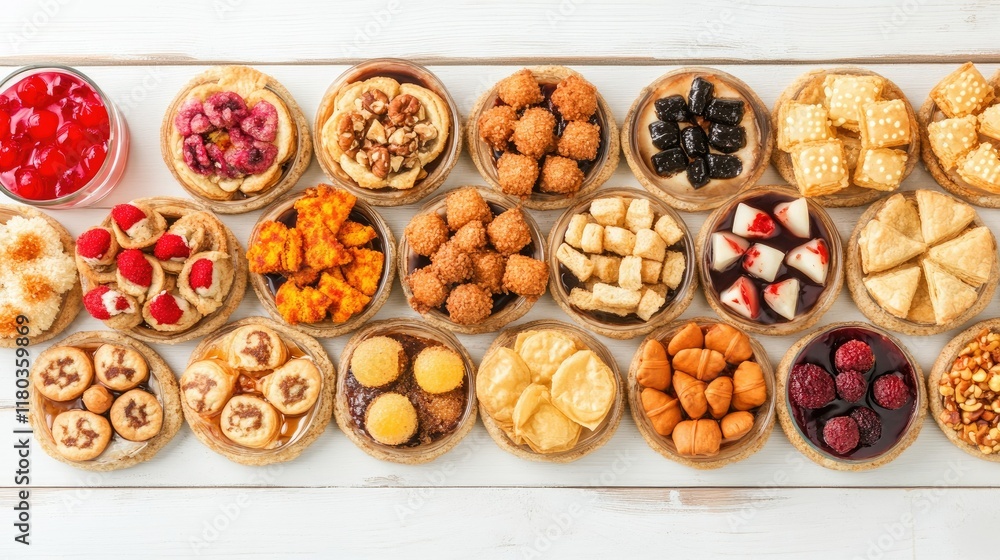 Variety of miniature desserts on a white table. Variety of miniature desserts on a white table.