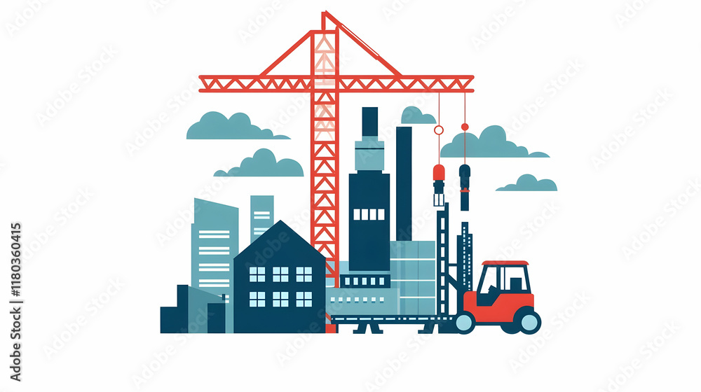 Industrial construction site with crane, forklift, and city buildings. Industrial construction site with crane, forklift, and city buildings.
