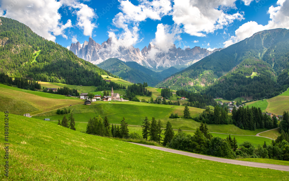 Spectacular landscape on Italian Alps Mountain Dolomite at Chiesa di Santa Maddalena Val di Funes