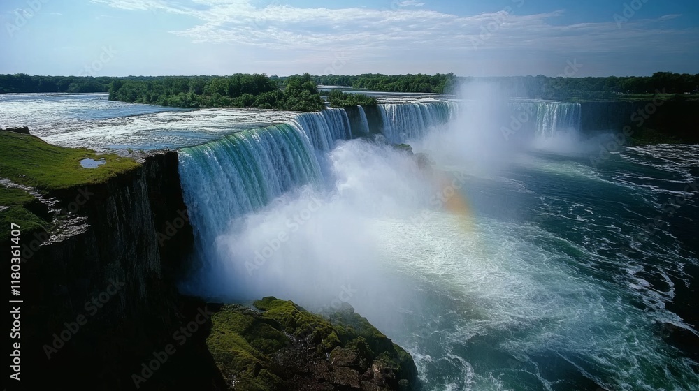 Majestic waterfalls cascade powerfully into a misty abyss, with a hint of rainbow hues illuminating their natural grandeur. Majestic waterfalls cascade powerfully into a misty abyss, with a hint of rainbow hues illuminating their natural grandeur.