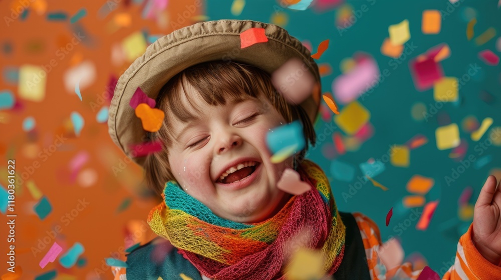 Joyful caucasian child with confetti in vibrant colors Joyful caucasian child with confetti in vibrant colors
