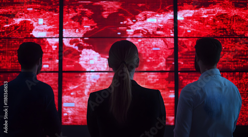 Wallpaper Mural A group of three individuals observes a large, red digital display showing a map, suggesting a high-tech environment or a data analysis scenario. Torontodigital.ca