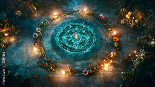 mystical Thelema ceremony featuring glowing ritual circle surrounded by flowers and candles, creating enchanting atmosphere photo