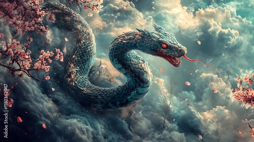 Serpentine Majesty: A Mystical Blue Serpent Amidst Cherry Blossoms and Clouds photo