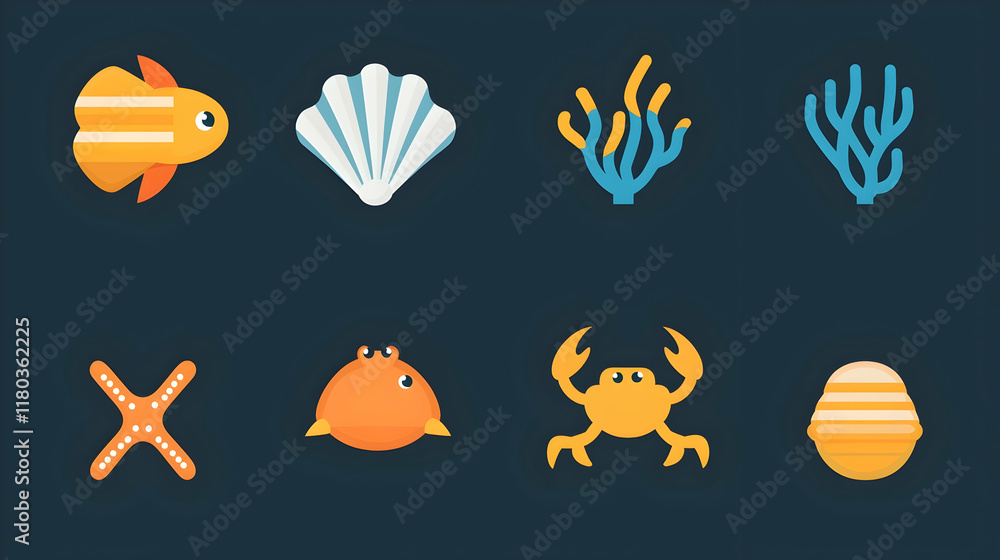 Flat design icons of ocean life fish, seashells, coral, starfish, crab. Ocean theme vector illustration. Flat design icons of ocean life fish, seashells, coral, starfish, crab. Ocean theme vector illustration.