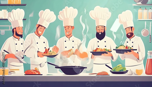 A group of chefs cooking food together in a busy kitchen
