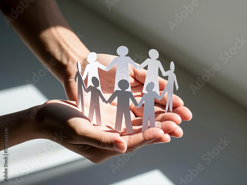 Two hands  hold a piece of paper cutting of persons or family holding hands. 300dpi. diversity and family concept. 