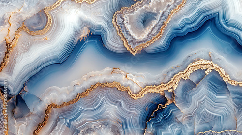 Elegant blue and white agate stone with golden streaks, flowing marbled patterns, intricate stone texture, soft glowing highlights