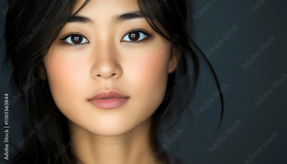 Close-up of a beautiful Asian woman with smooth skin, looking directly at the camera in studio lighting AI Generated Close-up of a beautiful Asian woman with smooth skin, looking directly at the camera in studio lighting AI Generated