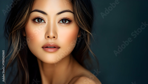 Wallpaper Mural Close-up of a beautiful Asian woman with smooth skin, looking directly at the camera in studio lighting AI Generated Torontodigital.ca