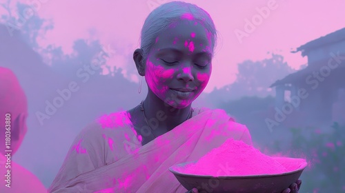 Joyful Elderly Woman Celebrating Holi with Vibrant Colors and Happiness 2 photo