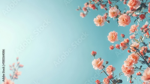 Beautiful spring border, blooming rose bush on a blue background. Flowering rose hips against the blue sky. Soft selective focusBeautiful spring border, blooming rose bush on a blue background. photo