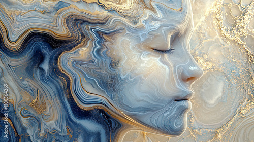 Wallpaper Mural Dreamlike marbled design with flowing layers of blue and gold, blending into a surreal agate-inspired pattern  Torontodigital.ca