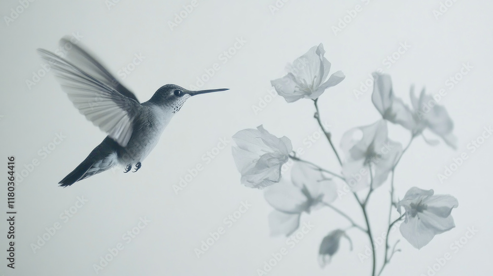 Hummingbird in flight approaching delicate white flowers. Hummingbird in flight approaching delicate white flowers.