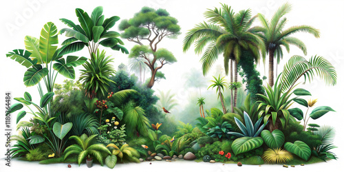 Lush tropical rainforest with diverse plants and vibrant flora in a serene natural setting