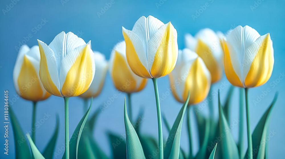 Bright and cheerful yellow and white tulips standing tall in a vibrant garden in springtime light